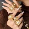 Wholesale Women's Vintage Floral Geometric Design Stainless Steel Index Finger Ring Set Pvd Plated With 18K Gold