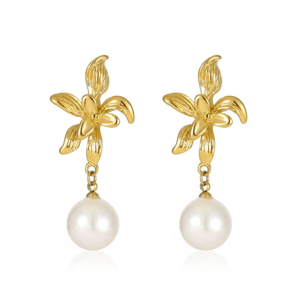 Wholesale Women's Vintage French Retro Joker Flower Pearl Stainless Steel Goldplated Earrings