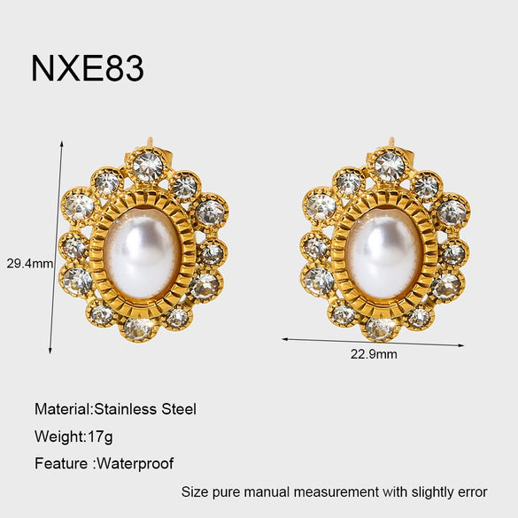 Wholesale Women's Vintage Geometric Flower Stainless Steel 18K Gold Plated Diamondencrusted Imitation Pearl Earrings