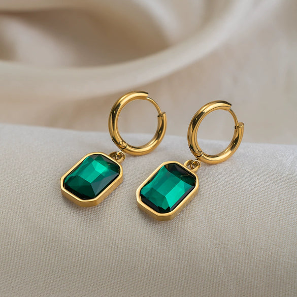 Wholesale Women's Vintage Geometric Green Zircon Stainless Steel Vacuum Real Gold Plated Pendant Earrings