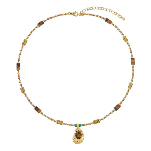 Wholesale Women's Vintage Geometric Handmade Necklace With African Turquoise Tiger Eye Stone Black Pointed Crystal Rice Beads Copper Stainless Steel Pendant And Chain