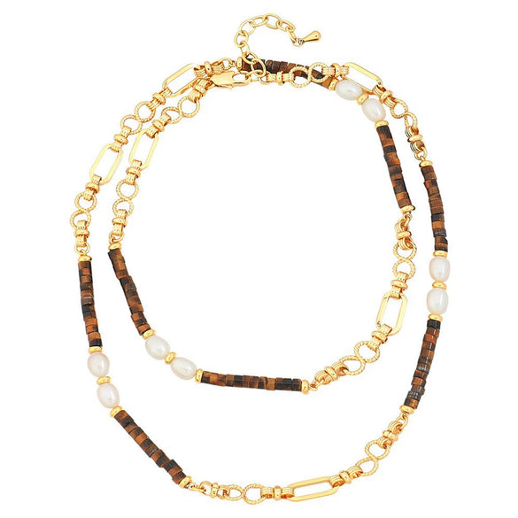 Wholesale Women's Vintage Geometric Handmade Necklace With African Turquoise Tiger Eye Stone Black Pointed Crystal Rice Beads Copper Stainless Steel Pendant And Chain