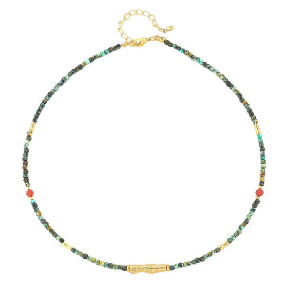 Wholesale Women's Vintage Geometric Handmade Necklace With African Turquoise Tiger Eye Stone Black Pointed Crystal Rice Beads Copper Stainless Steel Pendant And Chain