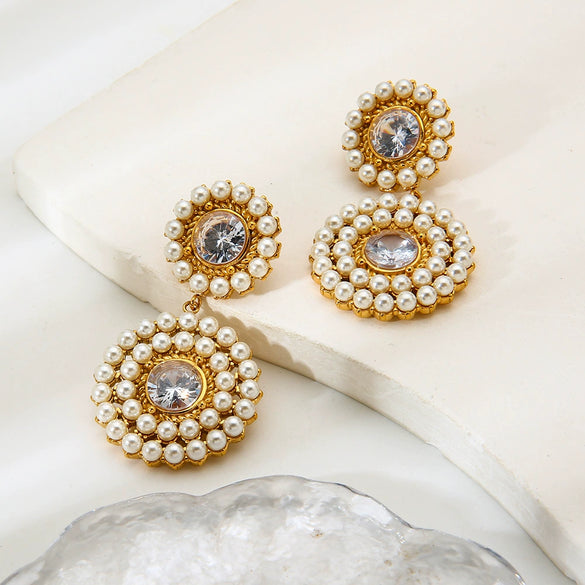 Wholesale Women's Vintage Geometric Stainless Steel Earrings With Zircon Inlaid Pearl Circle Vacuum Real Gold Plated In Pvd Furnace