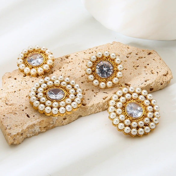 Wholesale Women's Vintage Geometric Stainless Steel Earrings With Zircon Inlaid Pearl Circle Vacuum Real Gold Plated In Pvd Furnace