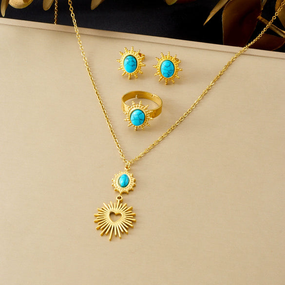 Wholesale Women's Vintage Geometric Stainless Steel Electroplated Heart Water Drop Bell Pendant Accessories Set With Thin Chain