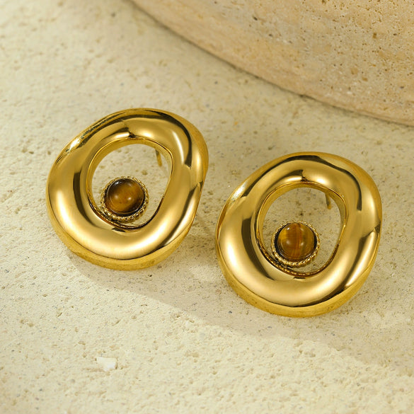 Wholesale Women's Vintage Geometric Stainless Steel Electroplating Irregular Round Hollow Inlaid Natural Stone Earrings