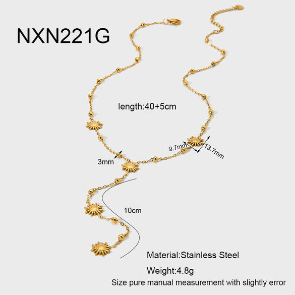Wholesale Women's Vintage Geometric Sunshaped Stainless Steel Long Tassel Necklace 18K Gold Plated Bead Chain