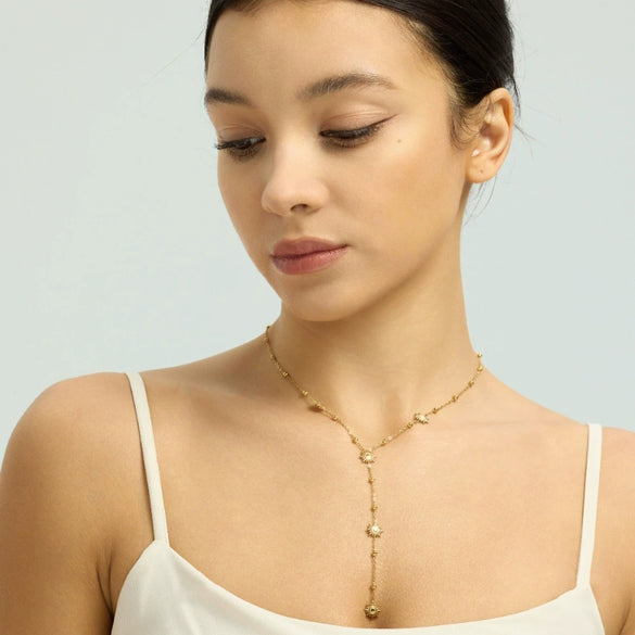 Wholesale Women's Vintage Geometric Sunshaped Stainless Steel Long Tassel Necklace 18K Gold Plated Bead Chain