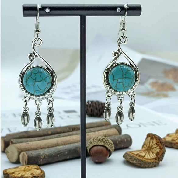Wholesale Women's Vintage Geometric Zinc Alloy Electroplating Tassel Turquoise Earrings