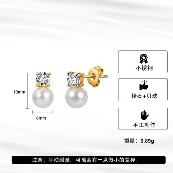 Wholesale Women's Vintage Gold Electroplated Geometric Shell Pearl Zircon Stainless Steel Earrings