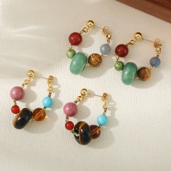 Wholesale Women's Vintage Handmade Geometric Tiger Eye Stone Red Agate Optimized Blue Pine Copper Earrings