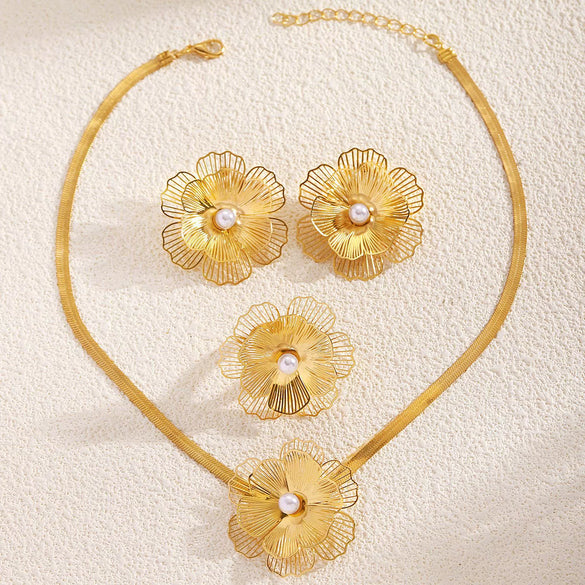Wholesale Women's Vintage Hollow Electroplated Iron Flower Pearl Accessories Set Earrings Necklace Ring