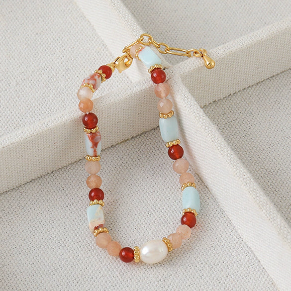 Wholesale Women's Vintage Light Luxury Fashion Bracelet And Necklace Copper Geometric Handmade Natural Stone Beaded