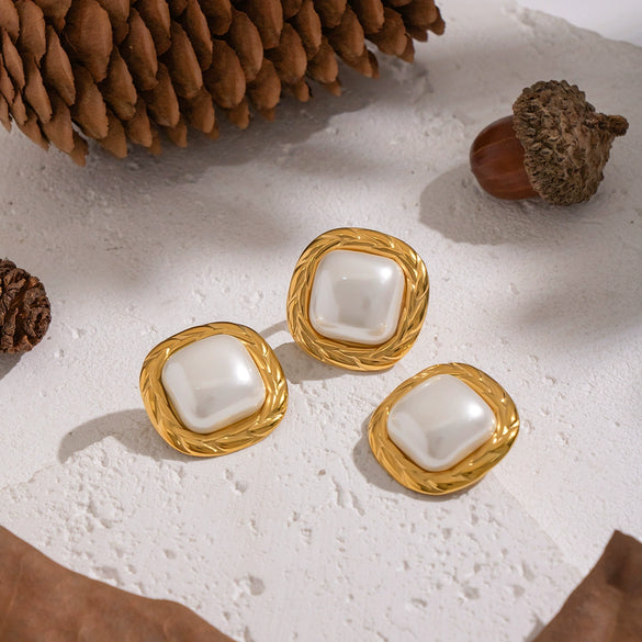 Wholesale Women's Vintage Minimalist Geometric Pearl Stainless Steel Electroplated Earrings And Ring Jewelry