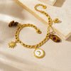 Wholesale Women's Vintage Minimalist Geometric Stainless Steel Gold Plated Tiger Eye Stone Leopard Print Bracelet With Moon Sun Pendant