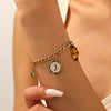 Wholesale Women's Vintage Minimalist Geometric Stainless Steel Gold Plated Tiger Eye Stone Leopard Print Bracelet With Moon Sun Pendant
