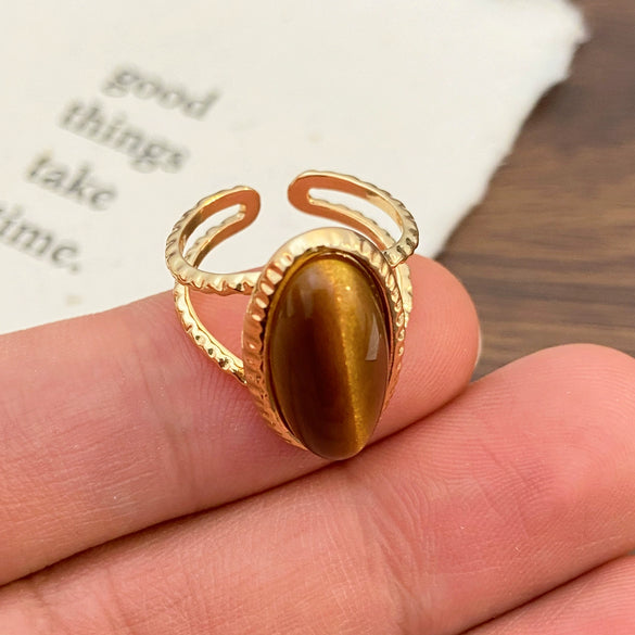 Wholesale Women's Vintage Natural Geometric Copper Tiger Eye Stone Opening Ring With Electroplating