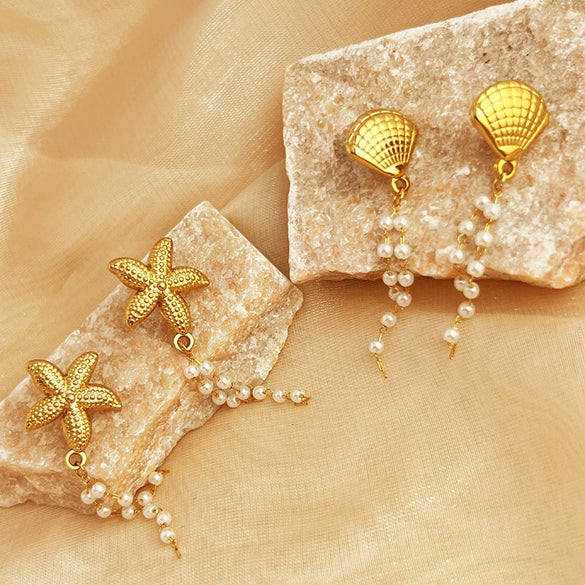 Wholesale Women's Vintage Natural Geometric Stainless Steel Electroplated Starfish Shell Pearl Tassel Earrings
