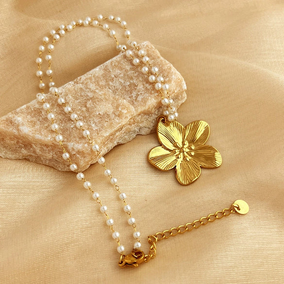 Wholesale Women's Vintage Natural Geometric Stainless Steel 18K Gold Plated Flower Pearl Tassel Earrings