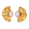 Wholesale Women's Vintage Natural Style Stainless Steel Pearl Fanshaped Hammered Geometric Earrings
