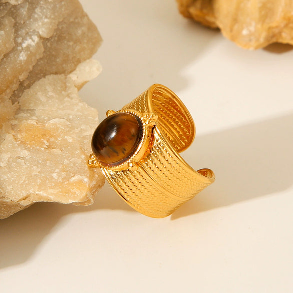 Wholesale Women's Vintage Natural Tiger Eye Stainless Steel Geometric Open Ring With Electroplating