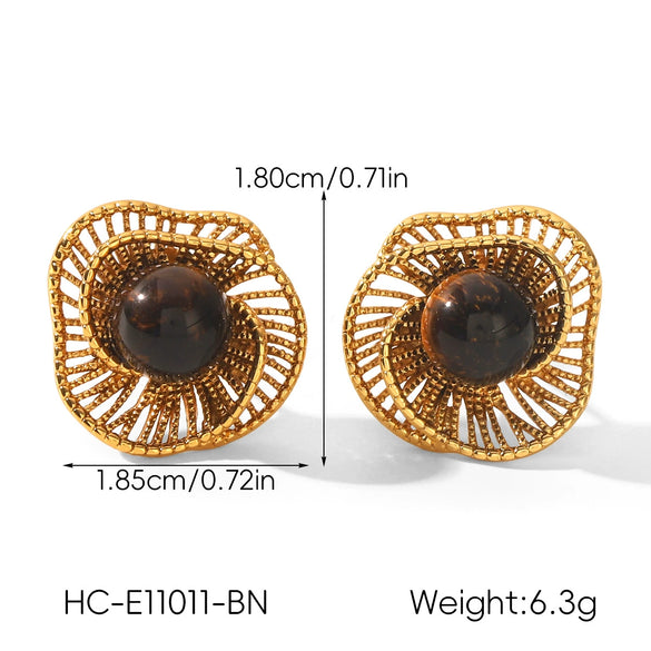 Wholesale Women's Vintage Retro Geometric Hollow Flower Stainless Steel Electroplated Tiger Eye Stone Pearl Earrings