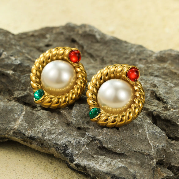 Wholesale Women's Vintage Round Twist Wrapped Earrings With Pearl Natural Stone Stainless Steel 18K Electroplated