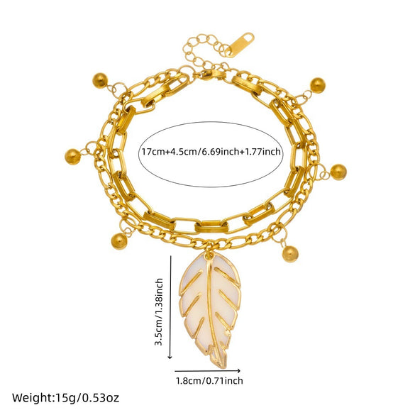 Wholesale Women's Vintage Stacked Doublelayer Stainless Steel Electroplated Gold Bead Leaf Pendant Bracelet