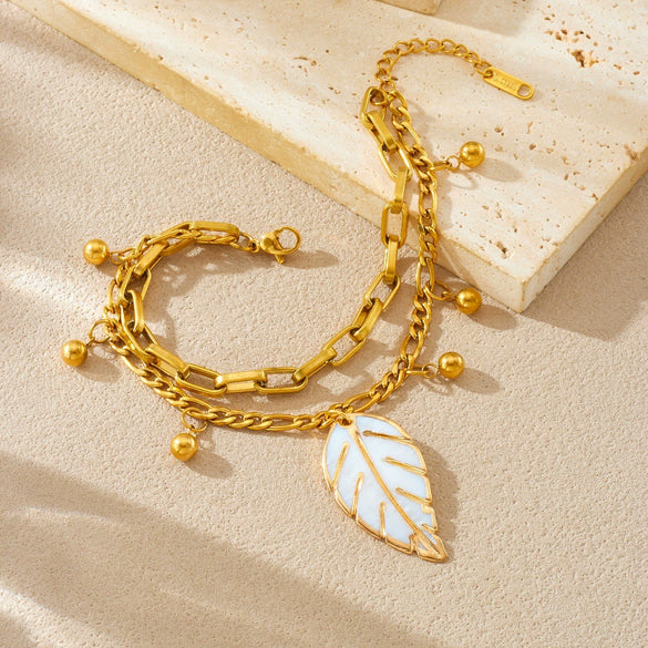 Wholesale Women's Vintage Stacked Doublelayer Stainless Steel Electroplated Gold Bead Leaf Pendant Bracelet