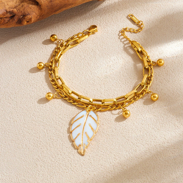 Wholesale Women's Vintage Stacked Doublelayer Stainless Steel Electroplated Gold Bead Leaf Pendant Bracelet