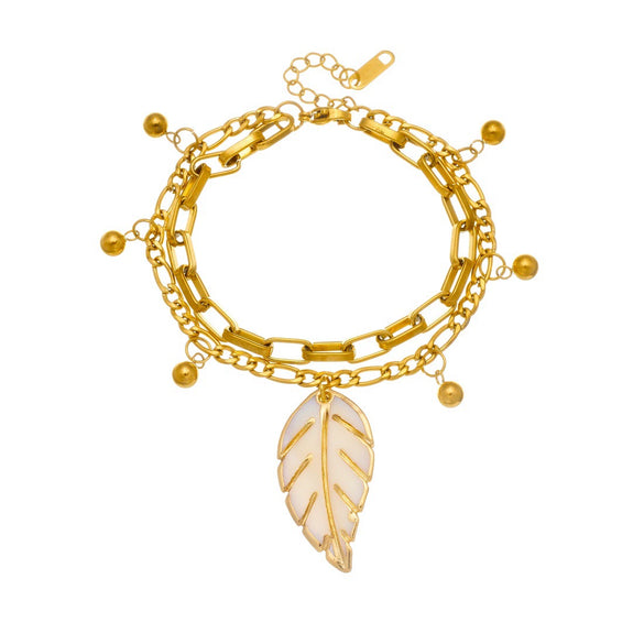 Wholesale Women's Vintage Stacked Doublelayer Stainless Steel Electroplated Gold Bead Leaf Pendant Bracelet