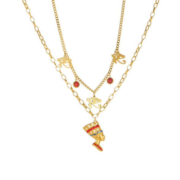 Wholesale Women's Vintage Stacking Gold Plated Stainless Steel Flat Cross Chain Necklace With Eye And Portrait Pendant