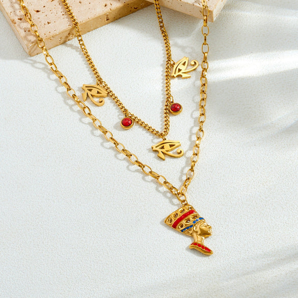 Wholesale Women's Vintage Stacking Gold Plated Stainless Steel Flat Cross Chain Necklace With Eye And Portrait Pendant