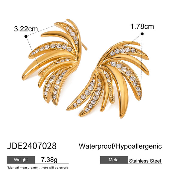 Wholesale Women's Vintage Stainless Steel Geometric Leaf Wing Earrings With White Zircon And 18K Gold Nonfading