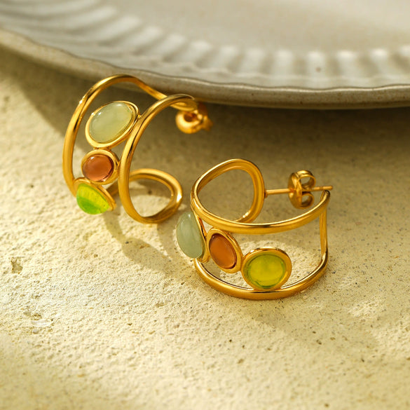 Wholesale Women's Vintage Stainless Steel 18K Gold Electroplated Cshaped Natural Stone Earrings