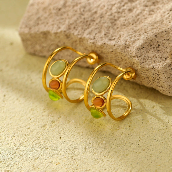 Wholesale Women's Vintage Stainless Steel 18K Gold Electroplated Cshaped Natural Stone Earrings