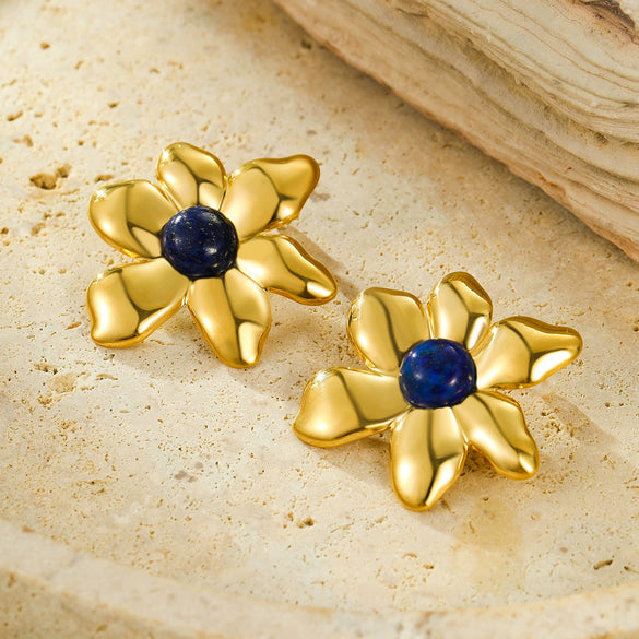Wholesale Women's Vintage Stainless Steel 18K Gold Plated Irregular Petals Natural Stone Earrings