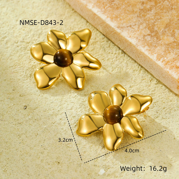 Wholesale Women's Vintage Stainless Steel 18K Gold Plated Irregular Petals Natural Stone Earrings