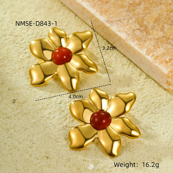 Wholesale Women's Vintage Stainless Steel 18K Gold Plated Irregular Petals Natural Stone Earrings