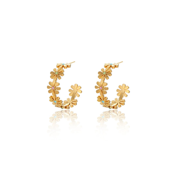 Wholesale Women's Vintage Stainless Steel 18K Goldplated Cshaped Petal Zirconinlaid Earrings