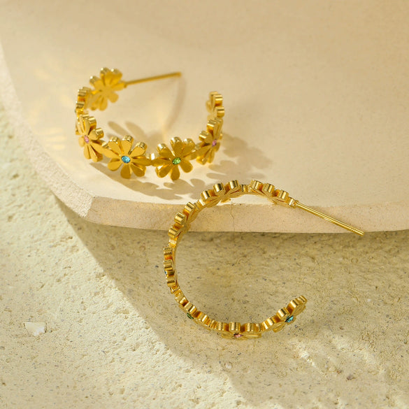 Wholesale Women's Vintage Stainless Steel 18K Goldplated Cshaped Petal Zirconinlaid Earrings