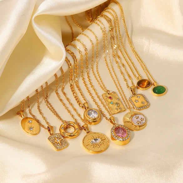 Wholesale Women's Vintage Stainless Steel Necklace With Natural Stone Pendant And Zircon Geometric Style Electroplated