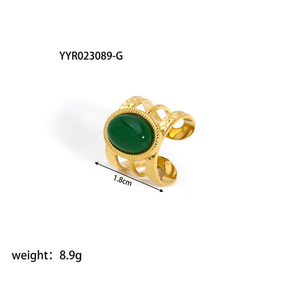 Wholesale Women's Vintage Stainless Steel Open Ring With Natural Stone And Vacuum Real Gold Electroplating In Pvd Furnace Geometric Design