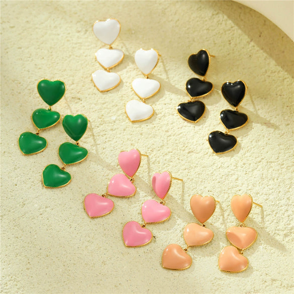 Wholesale Women's Vintage Style Stainless Steel Love Oil Drop Tassel Peach Heart Earrings 18K Gold Plated
