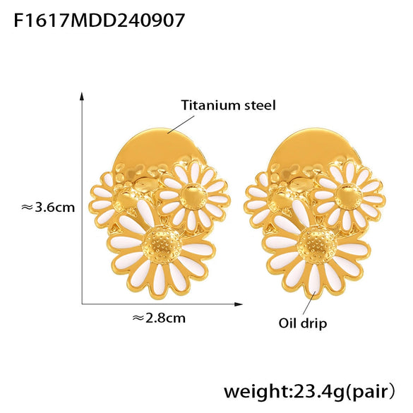 Wholesale Women's Vintage Temperament Titanium Steel Drop Oil Electroplated Chrysanthemum Daisy Geometry Earrings