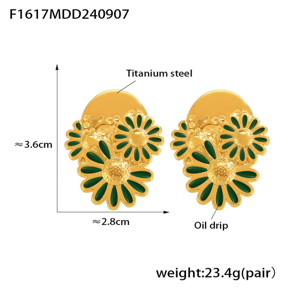 Wholesale Women's Vintage 316L Stainless Steel Dripping Oil Geometric Chrysanthemum Earrings With Electroplating