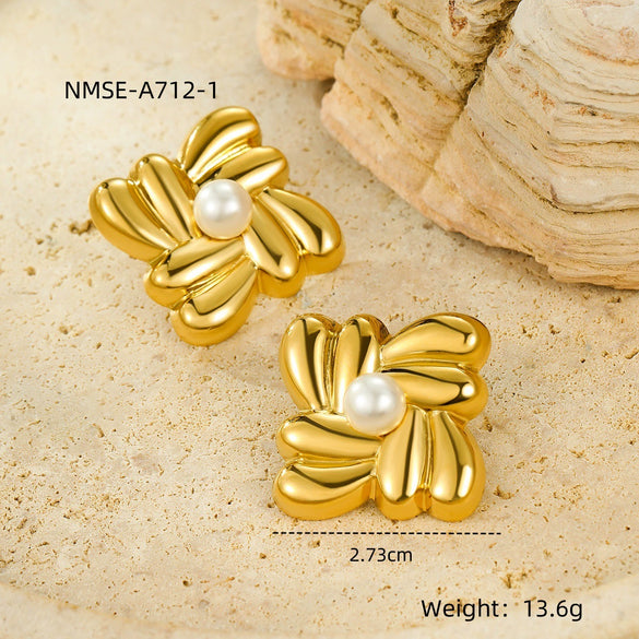 Wholesale Women's Vintage Titanium Steel Square Geometric Stainless Steel Inlaid Pearl Earrings Electroplated