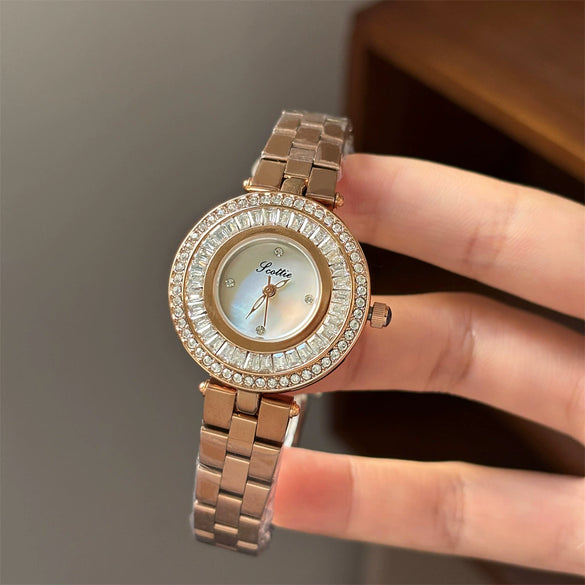 Wholesale Women's Watch With Diamondencrusted Motherofpearl Face Stainless Steel Band Alloy Strap Round Dial Metal Case