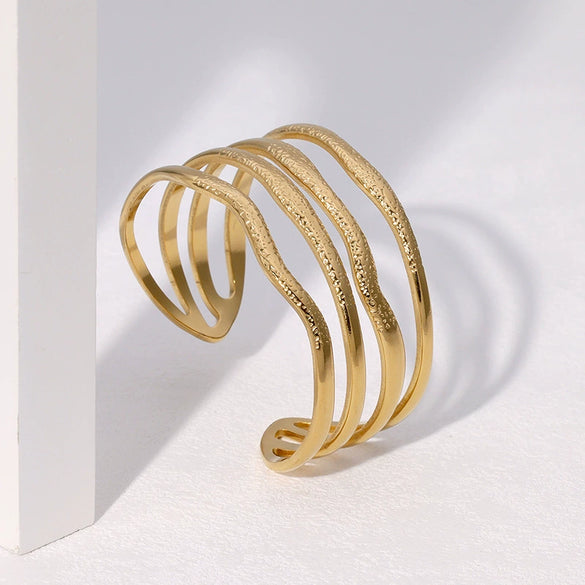 Wholesale Women's Wide Version Exaggerated High End Retro Geometric Irregular Stainless Steel Gold Plated Bracelet
